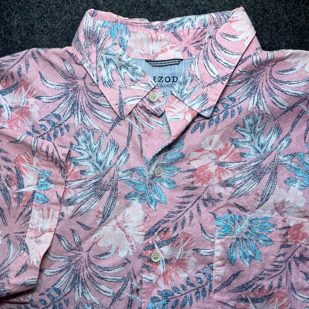 IZOD Button Down Shirt Mens XL Pink Excellent Tropical Floral Short Cotton‎